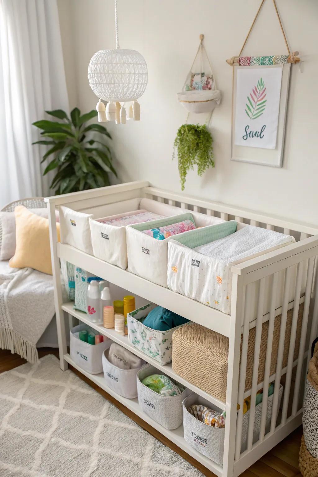 Efficient use of under-crib space with storage bins for extra items.