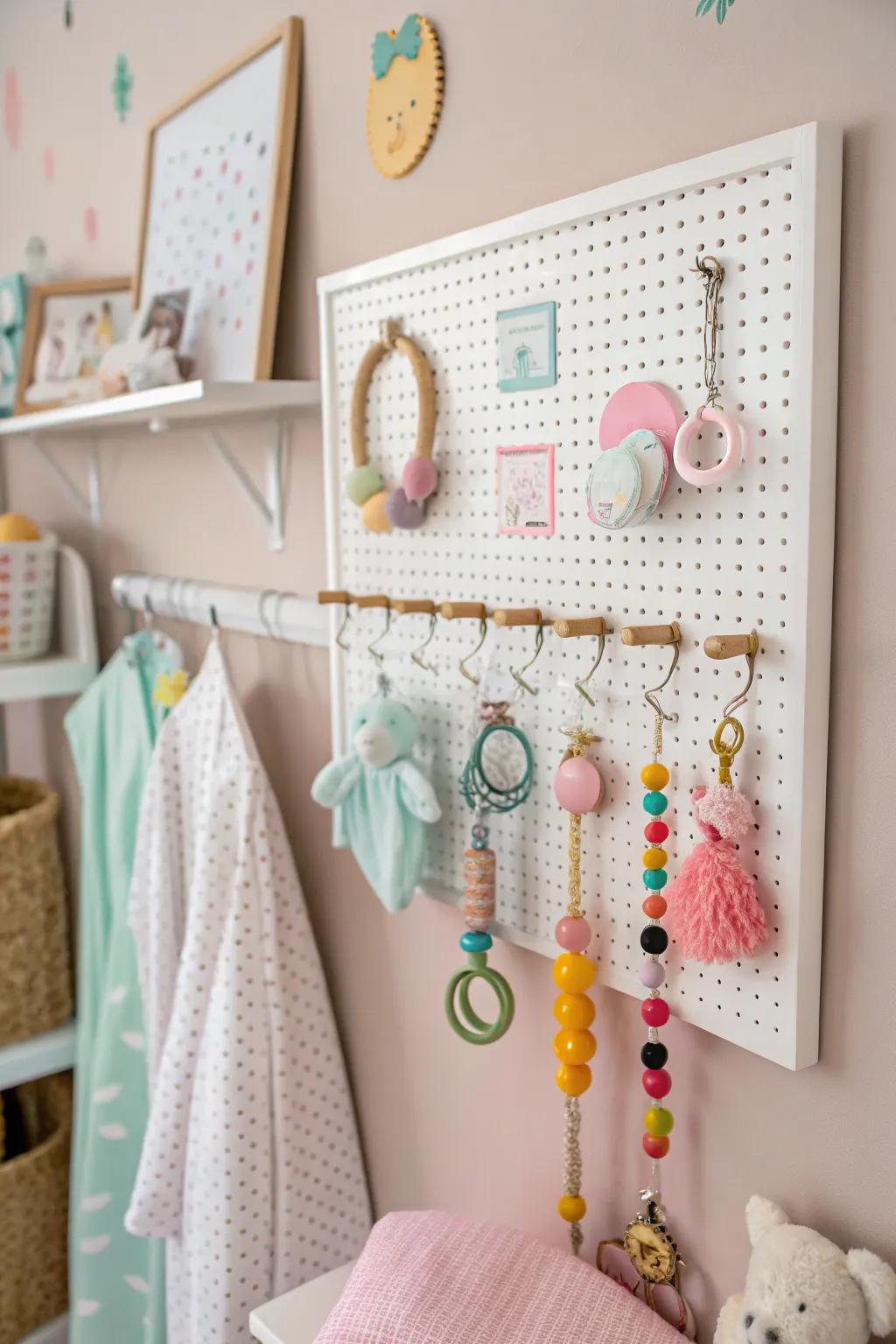 A versatile pegboard system for organizing and displaying baby items.