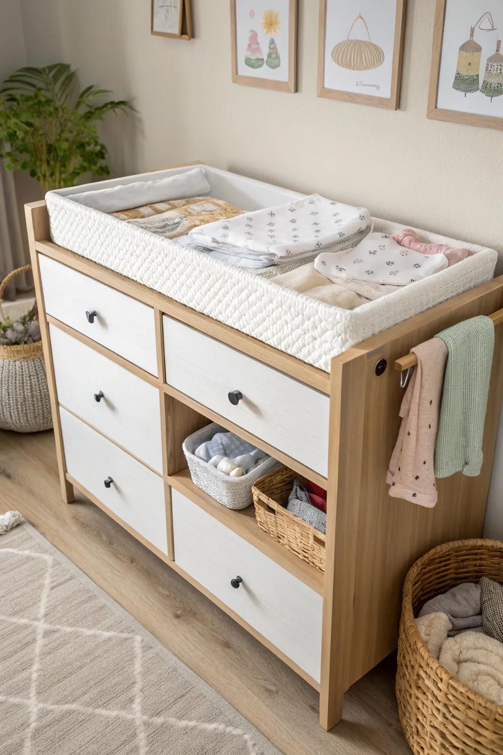 A dual-purpose dresser saves space and keeps changing essentials organized.