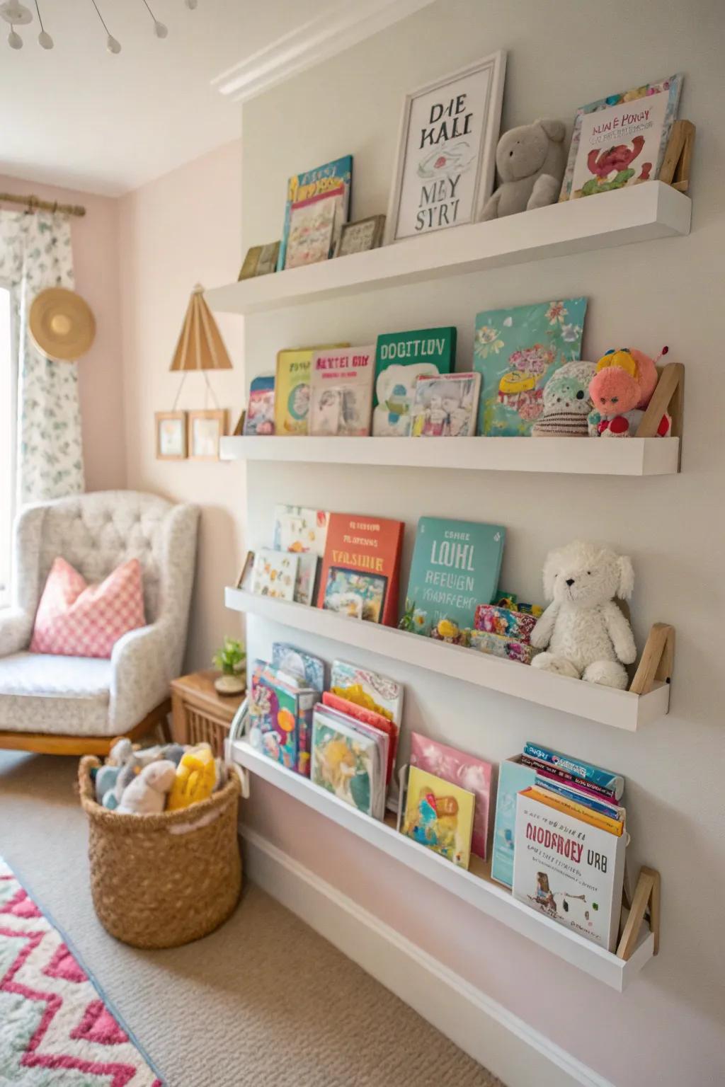 Floating shelves offer a clean and efficient way to store books in the nursery.