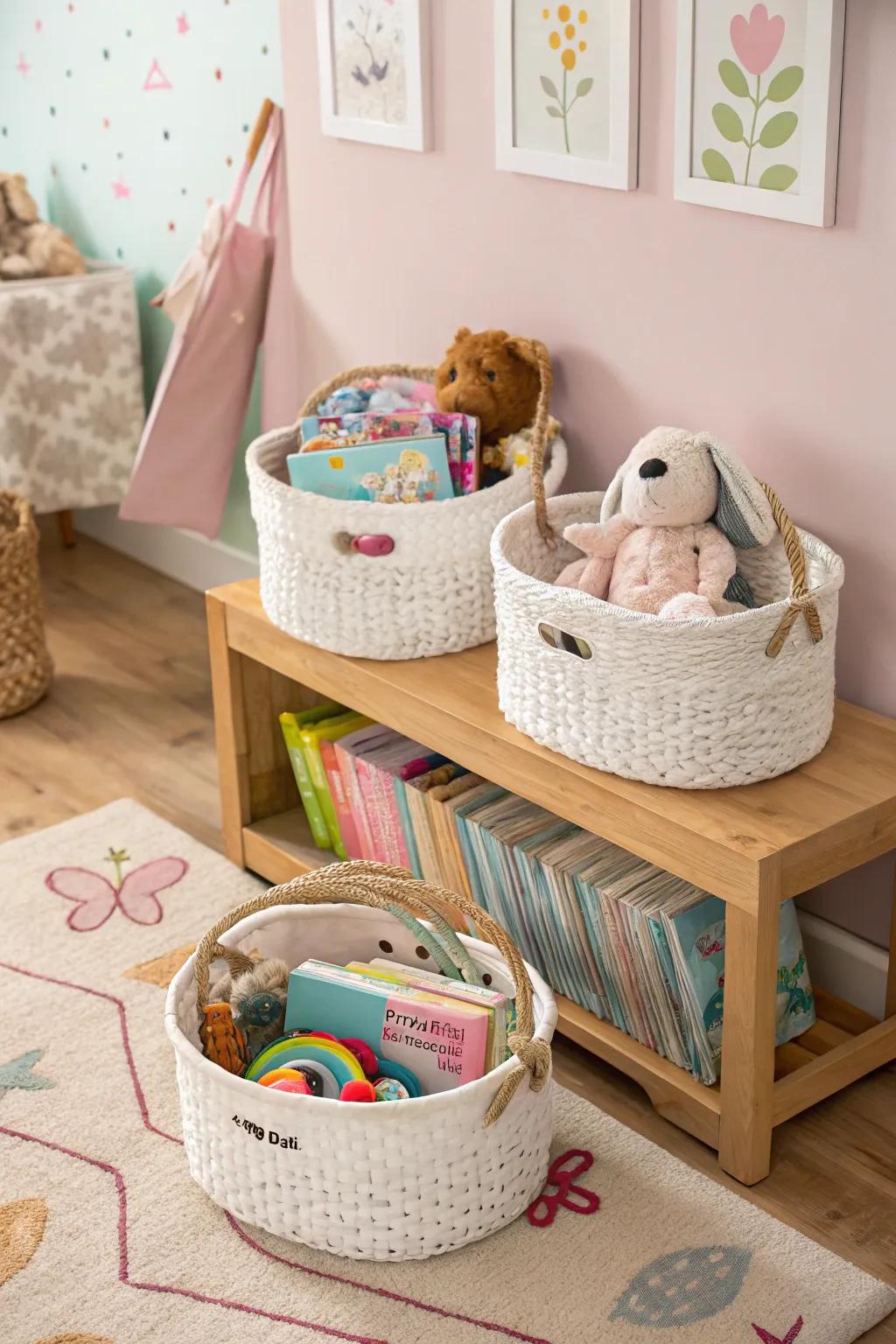 Chic and functional decorative baskets for organizing nursery essentials.