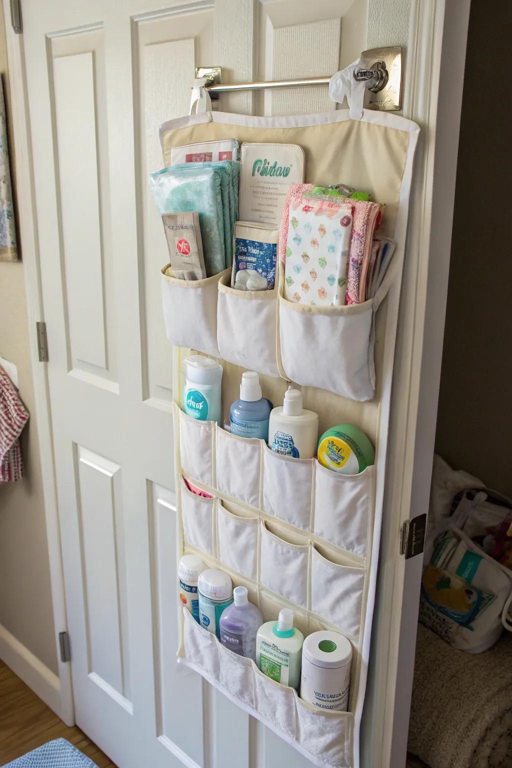 Convenient over-the-door organizer for essential baby items.