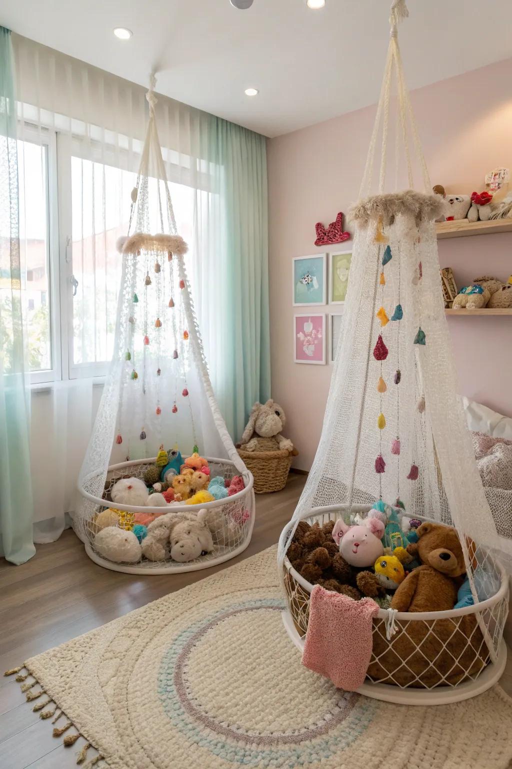 Ceiling nets offer a whimsical storage solution for stuffed animals.
