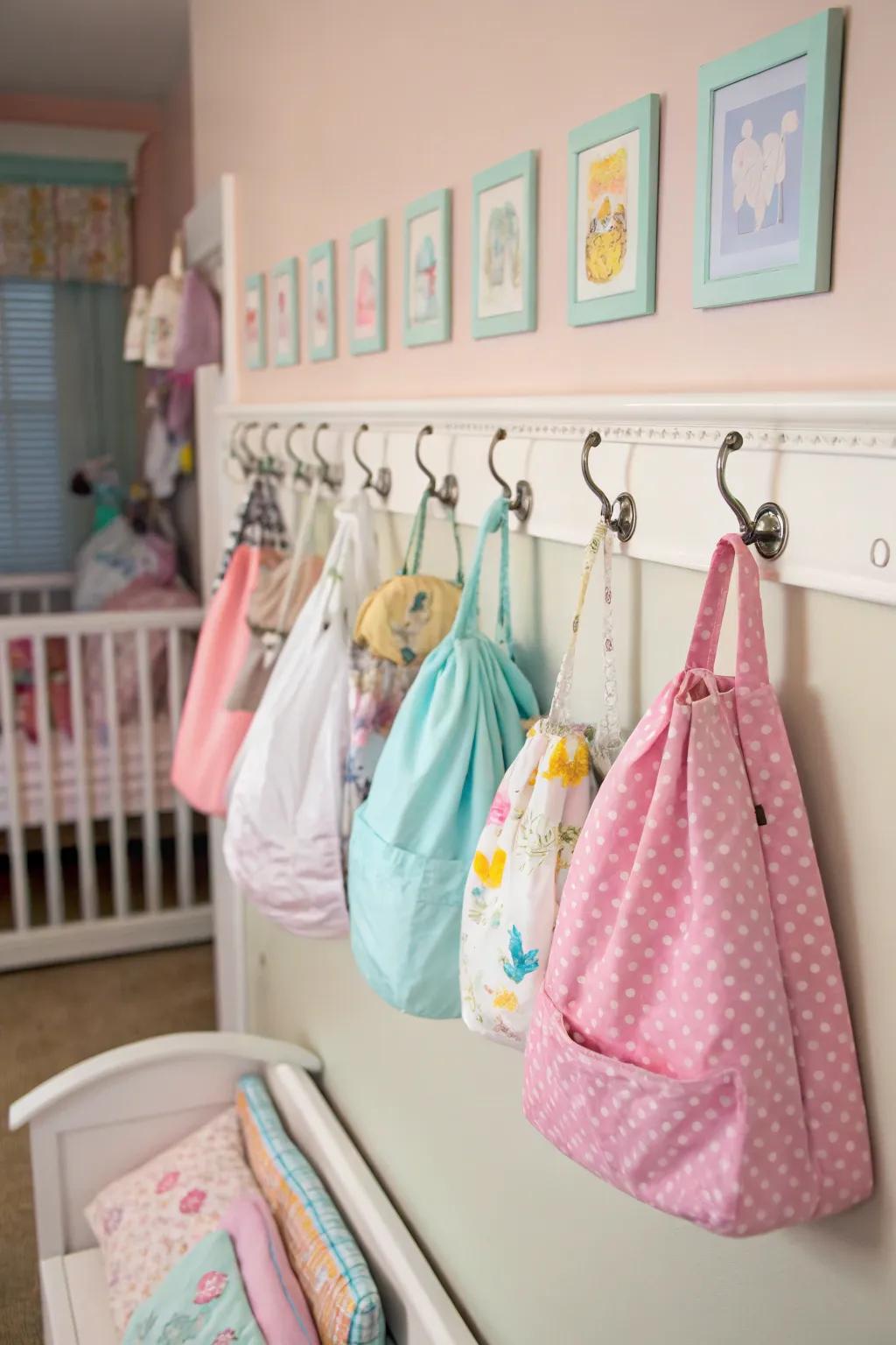 Wall-mounted hooks offer practical storage for daily-use items.