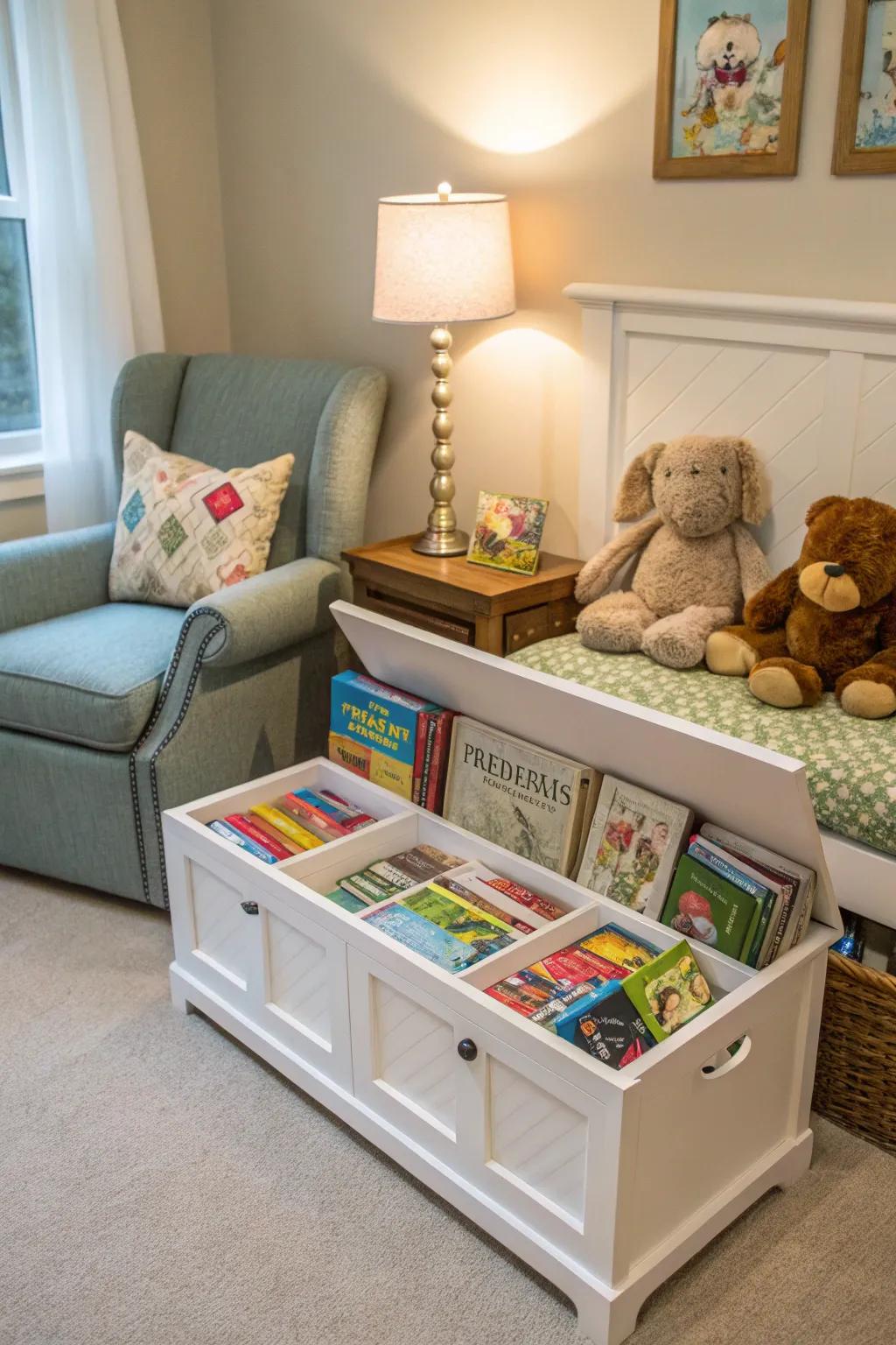 A reading nook with a storage bench for a cozy and organized space.