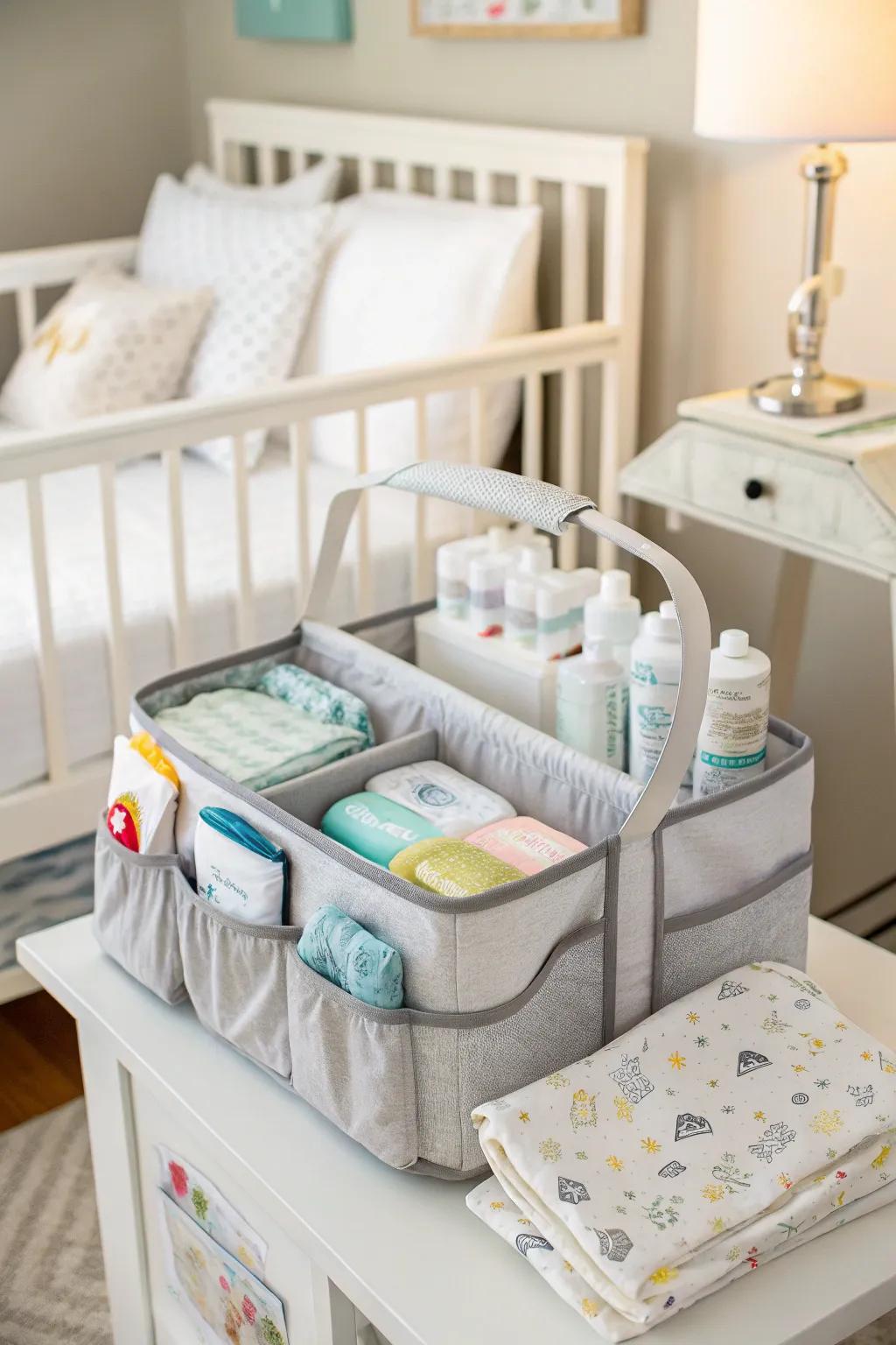 Portable diaper caddy for convenient diaper changes anywhere in the home.