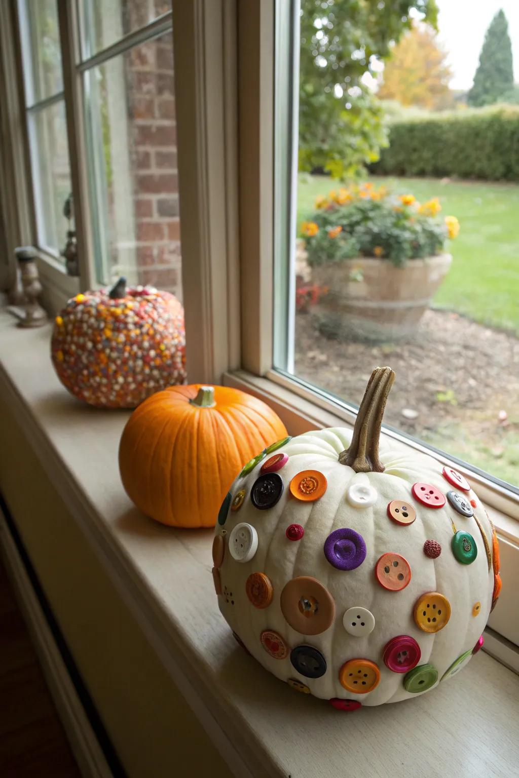 Pumpkins creatively decorated with colorful buttons.