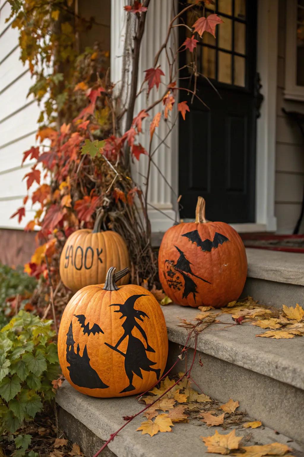Pumpkins featuring spooky Halloween silhouettes.
