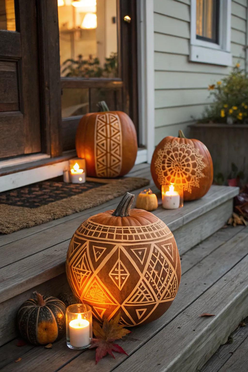 Intricately carved pumpkins with glowing patterns.