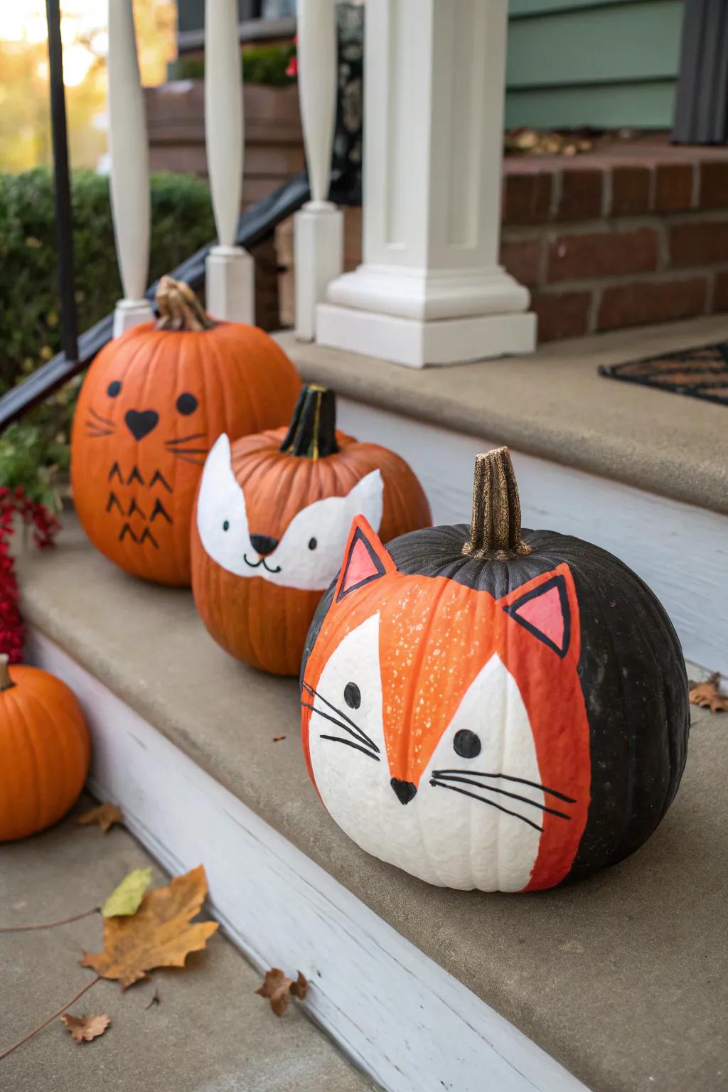 Charming pumpkins turned into animal characters.