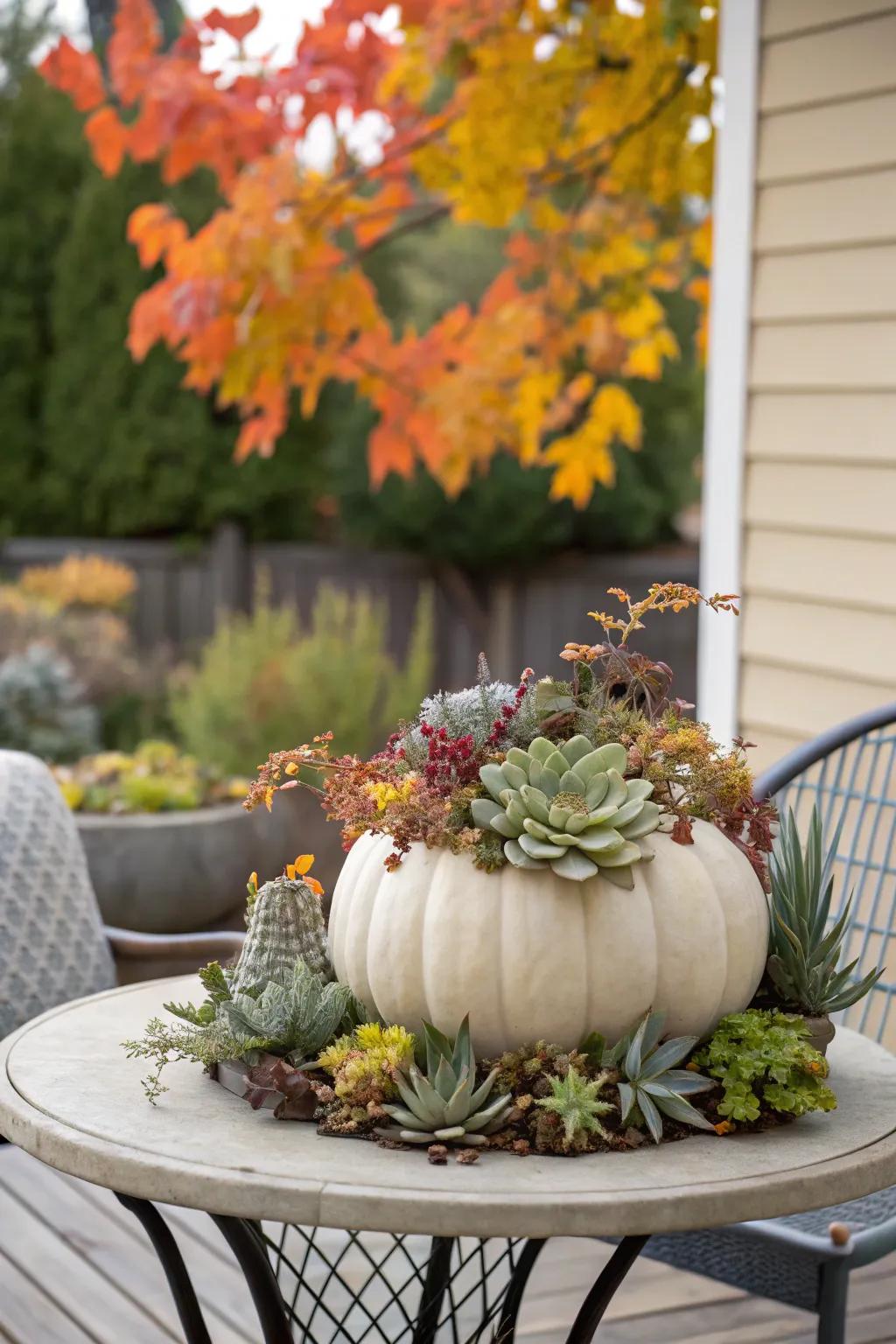 A pumpkin repurposed as a stylish succulent planter.