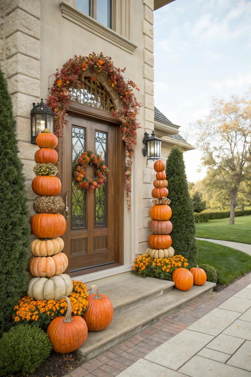 A striking pumpkin topiary for a grand entrance.