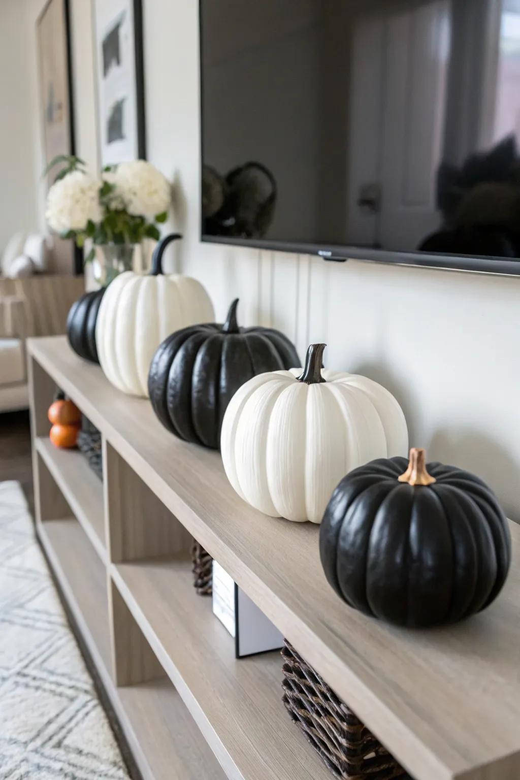 Sleek monochrome pumpkins for a modern aesthetic.