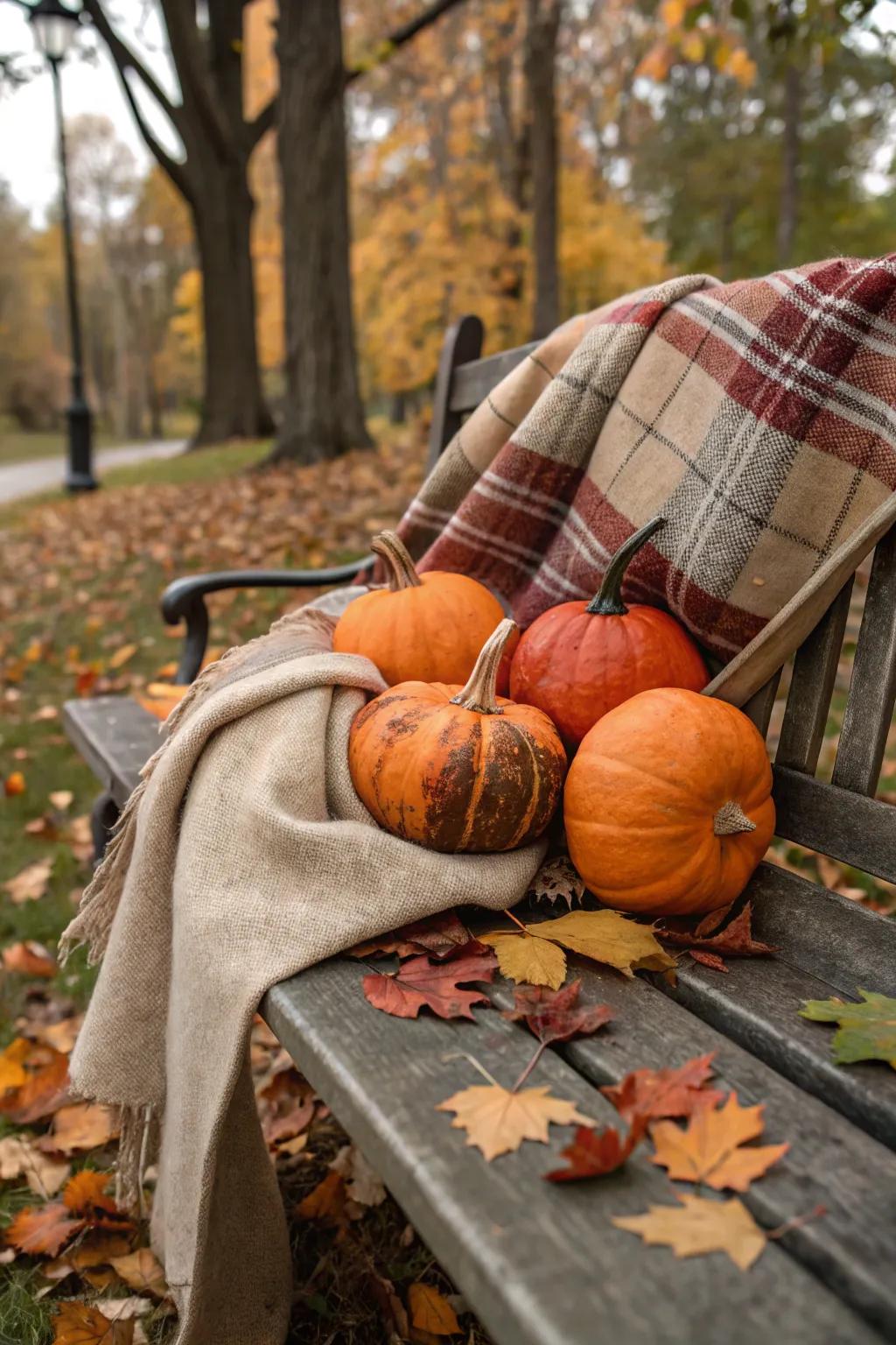 Cozy fabric-wrapped pumpkins for a rustic touch.