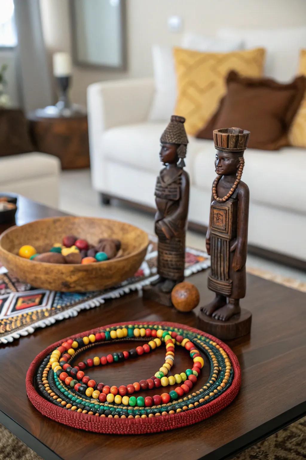 A centerpiece with cultural elements adds elegance and depth.