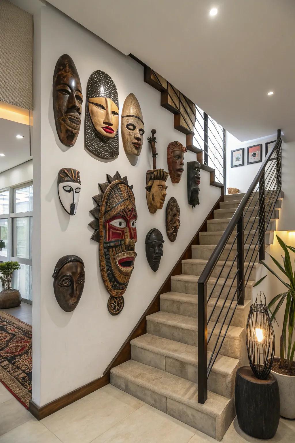 A collection of African masks transforms walls into cultural showcases.