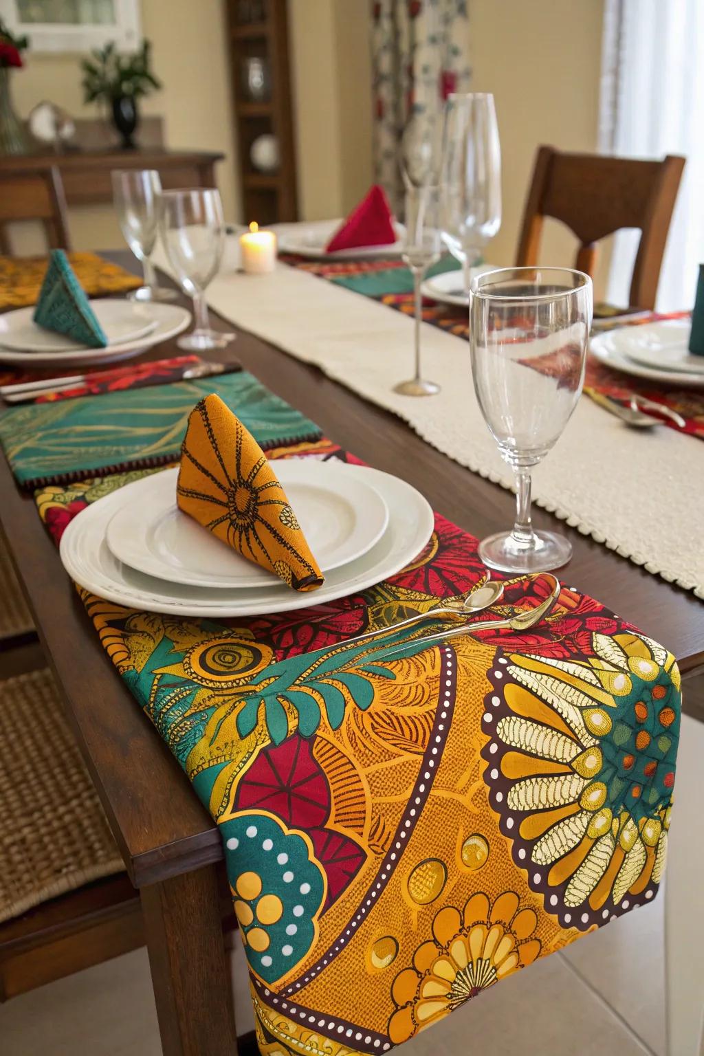 Table settings with African prints create a bold statement.