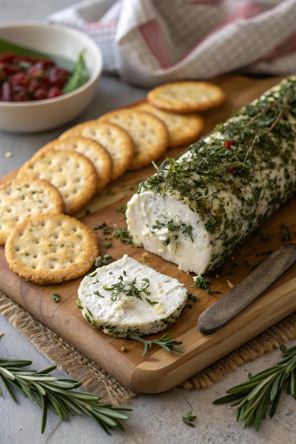 Herbed goat cheese log is a simple yet sophisticated choice.