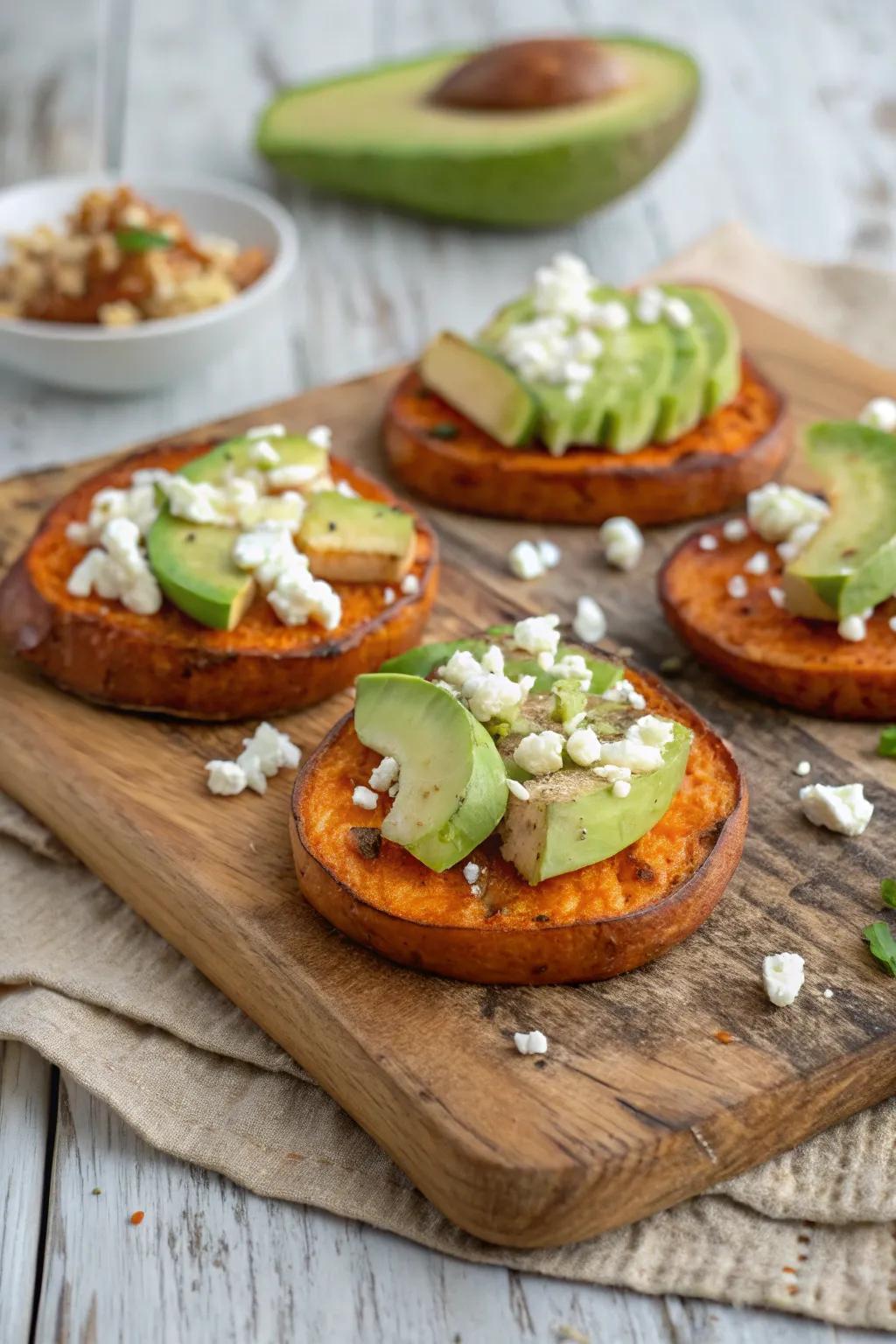 Sweet potato rounds with avocado are a healthy, colorful treat.