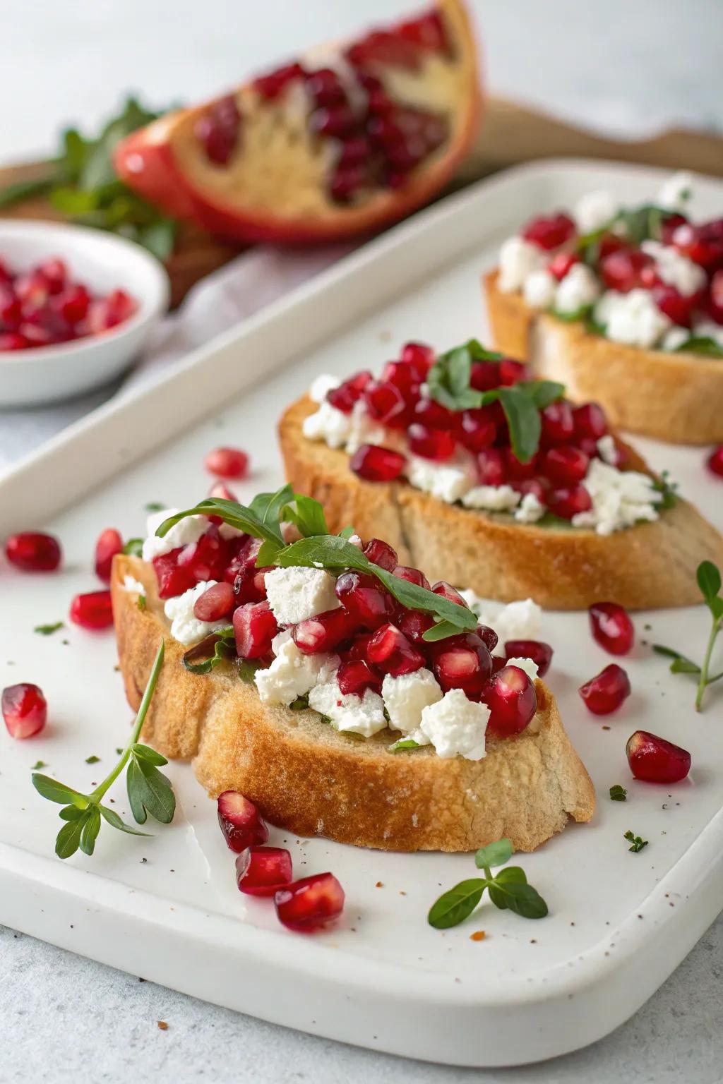 Pomegranate and feta bruschetta bring a burst of holiday color.