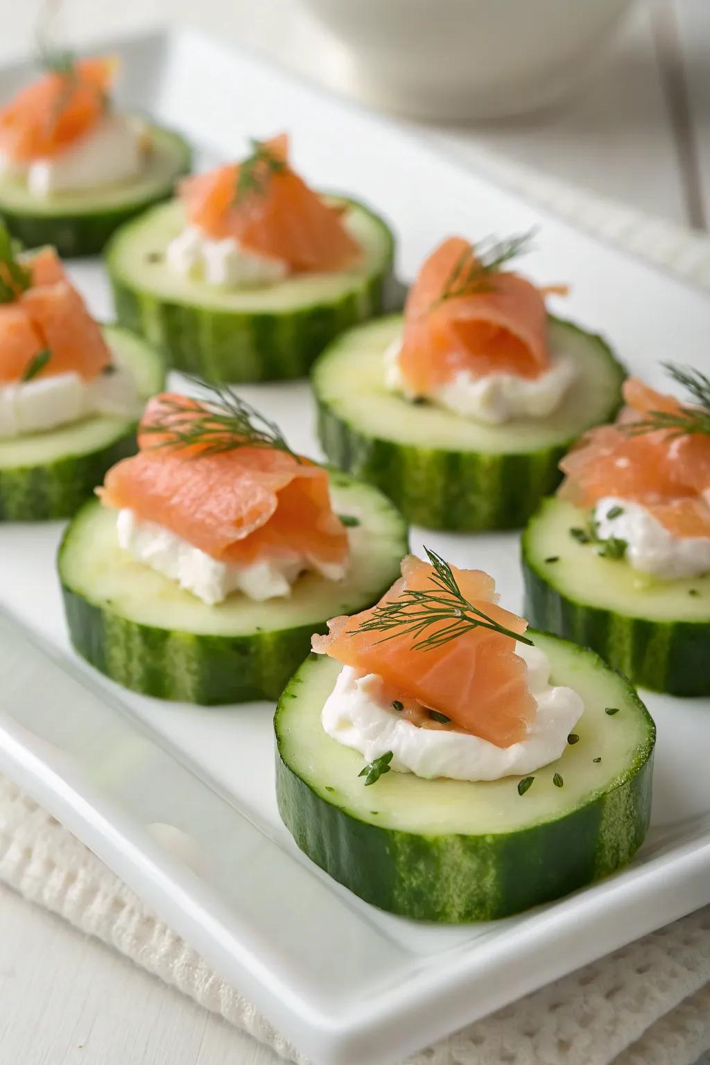 Cucumber and smoked salmon bites offer a refreshing balance.