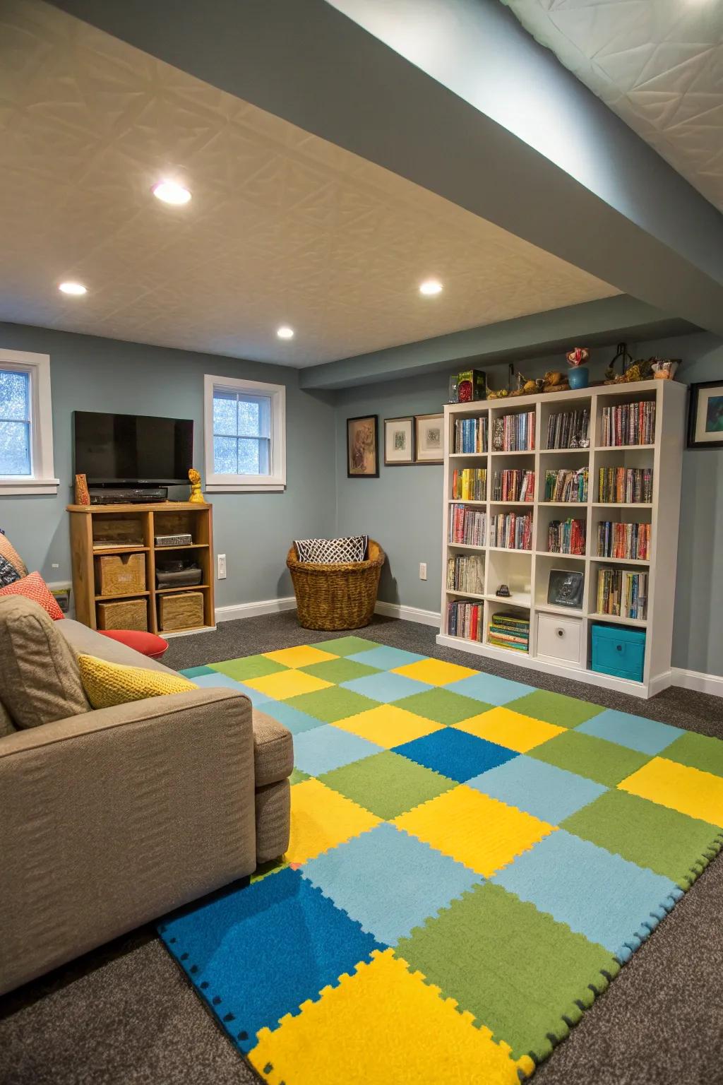 Carpet tiles offer a soft and comfortable flooring solution for family-friendly basements.