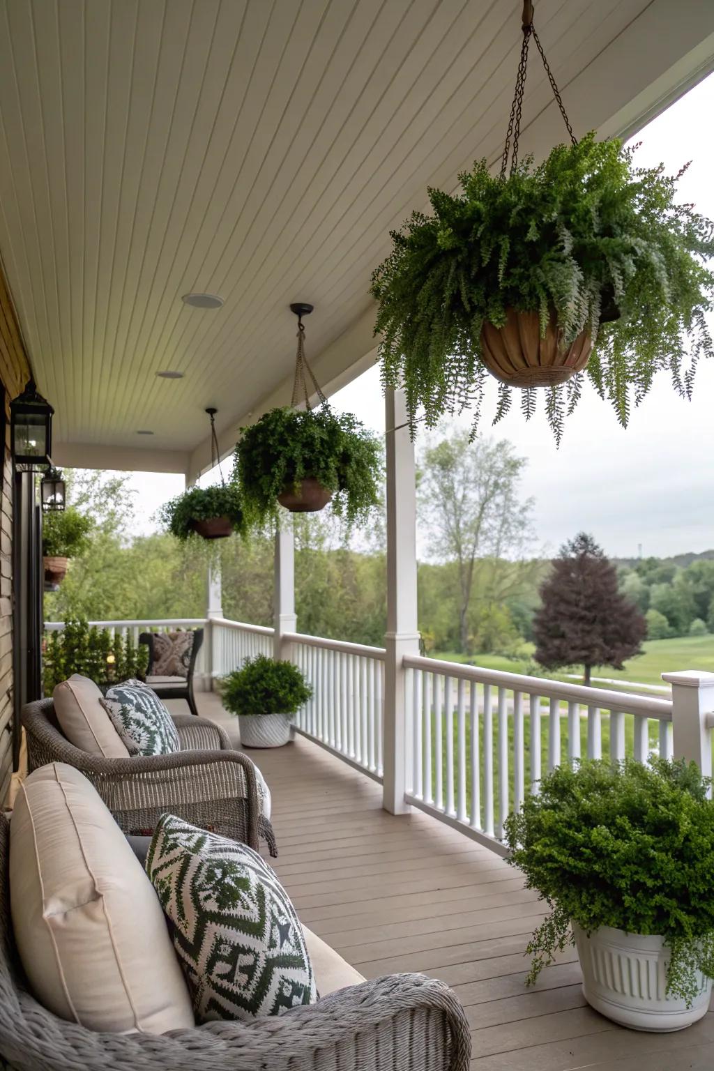 Plant hangers on vinyl ceilings create a verdant, inviting space.