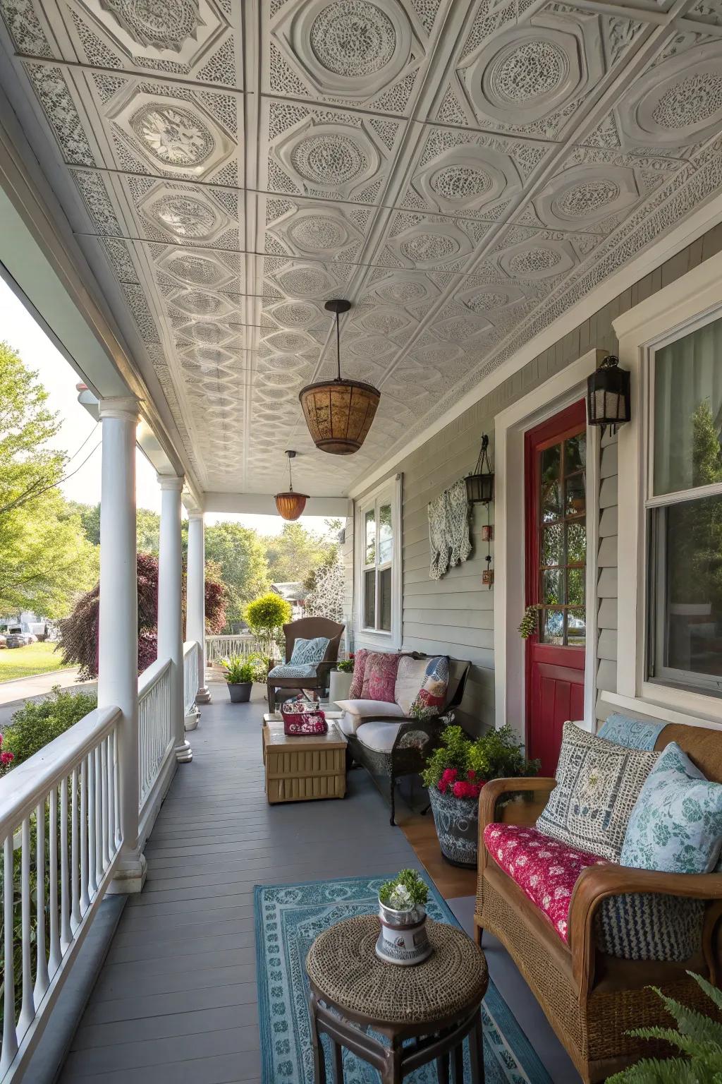 Mixing vinyl textures adds depth and interest to porch ceilings.
