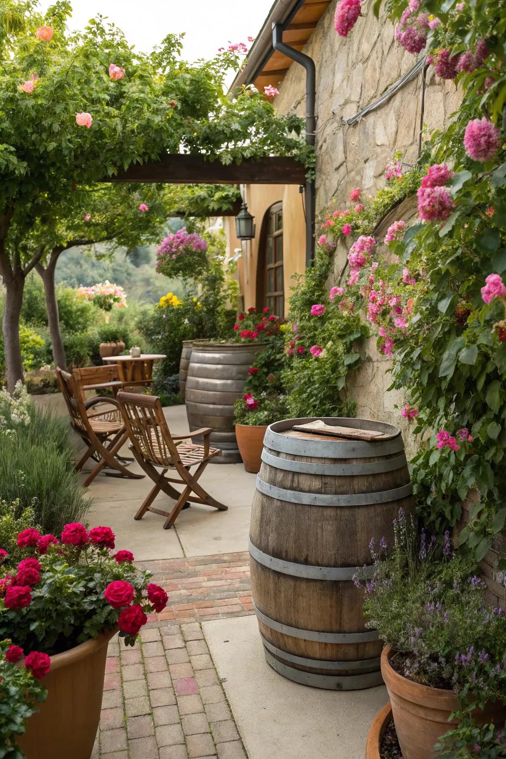 Wine barrels bring a rustic touch to water storage outdoors.