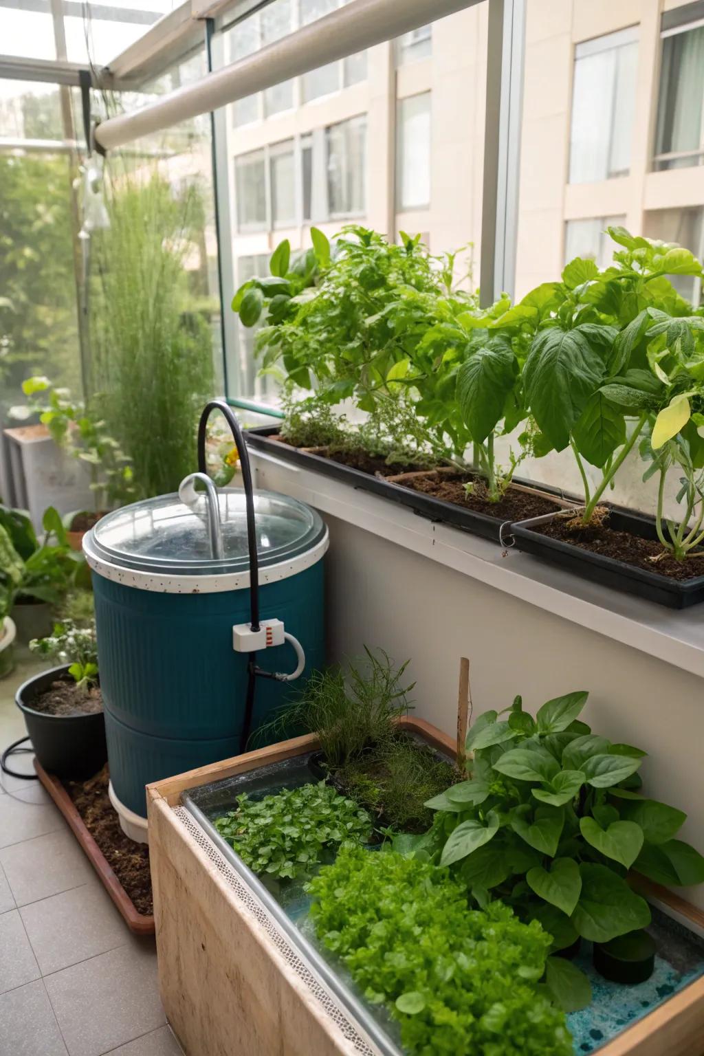 Aquaponics combine water storage with indoor gardening.