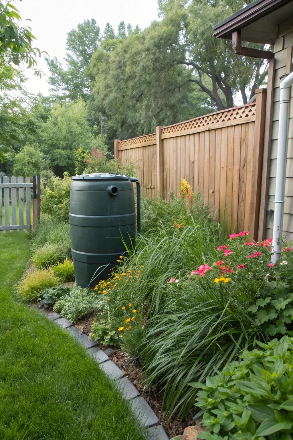 Rainwater barrels blend with nature, turning water storage into a garden feature.
