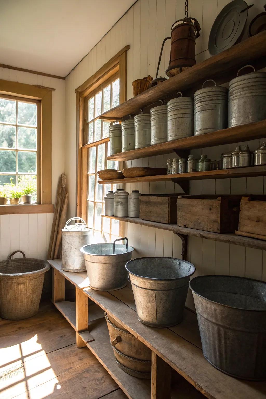 Vintage cans offer a rustic charm to water storage solutions.