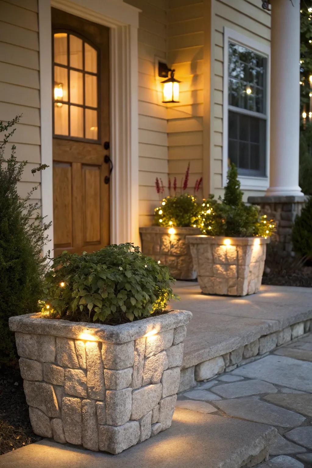 Dual-purpose stone planters with lights that enhance the porch's ambiance.