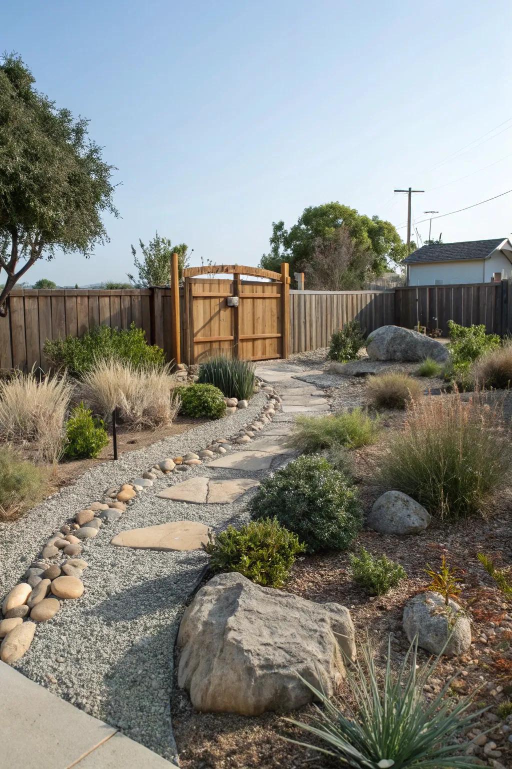 Gravel pathways add a rustic touch while saving water.