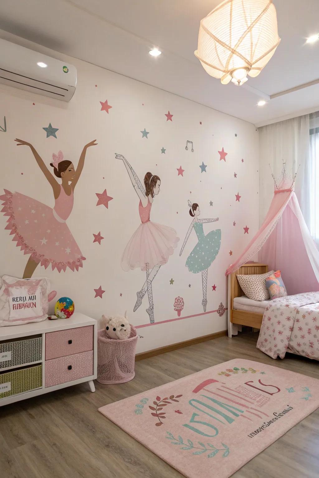 Wall decals add a playful and thematic touch to the walls.