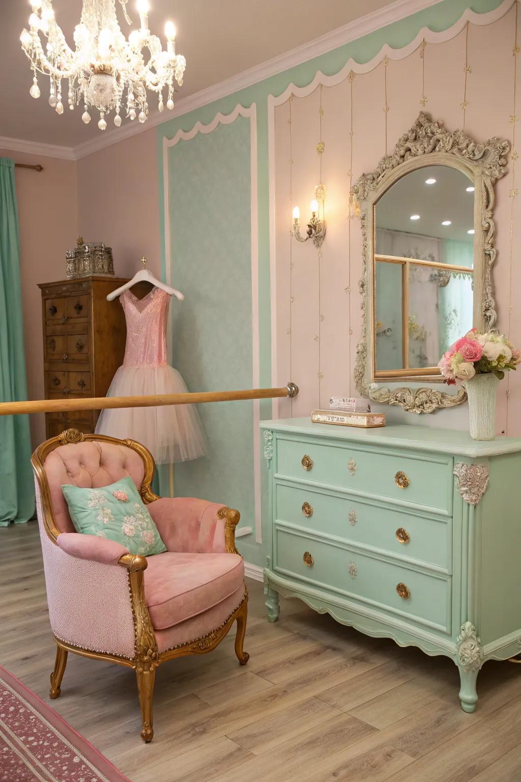 Vintage furniture adds a timeless elegance to the decor.