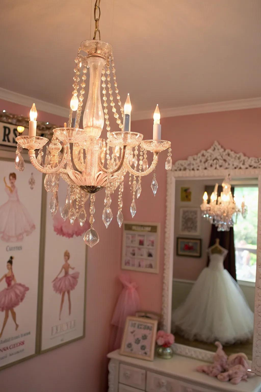 A chandelier enhances the room's elegance with its soft glow.