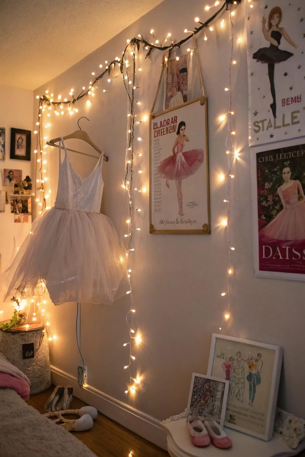 Fairy lights add a magical touch to the room.