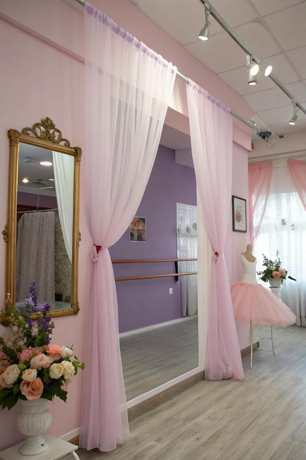 Graceful curtains enhance the room's soft elegance.