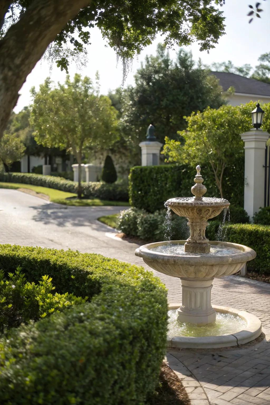 A tranquil fountain enhancing the entrance aesthetic.
