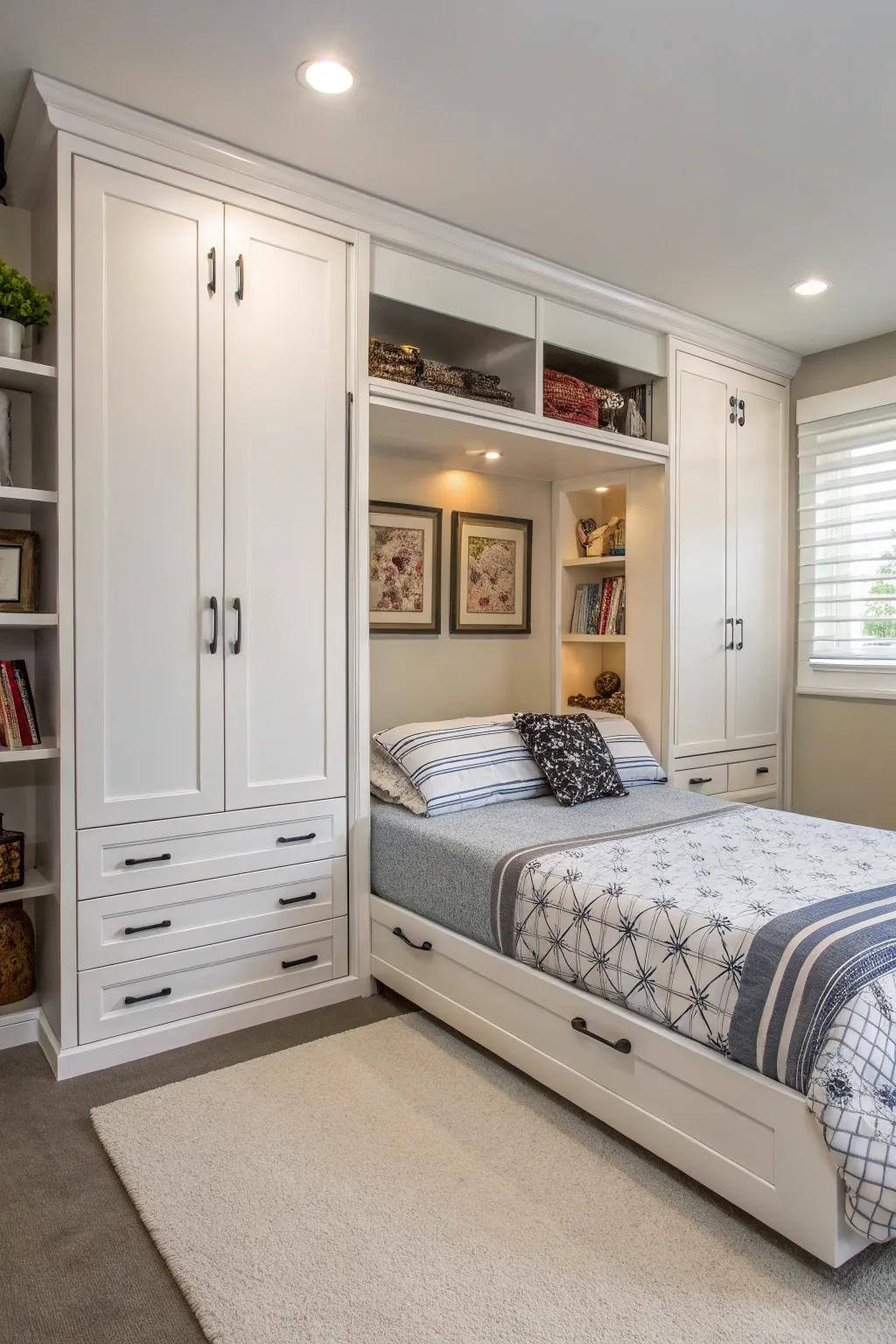 A bedroom maximizing storage with a Murphy bed and built-in cabinets, perfect for organized living.