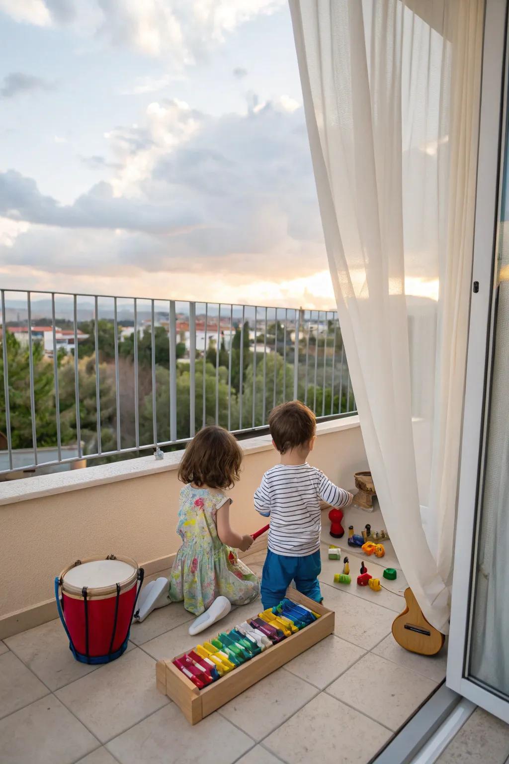 Musical instruments add rhythm and joy to the balcony environment.