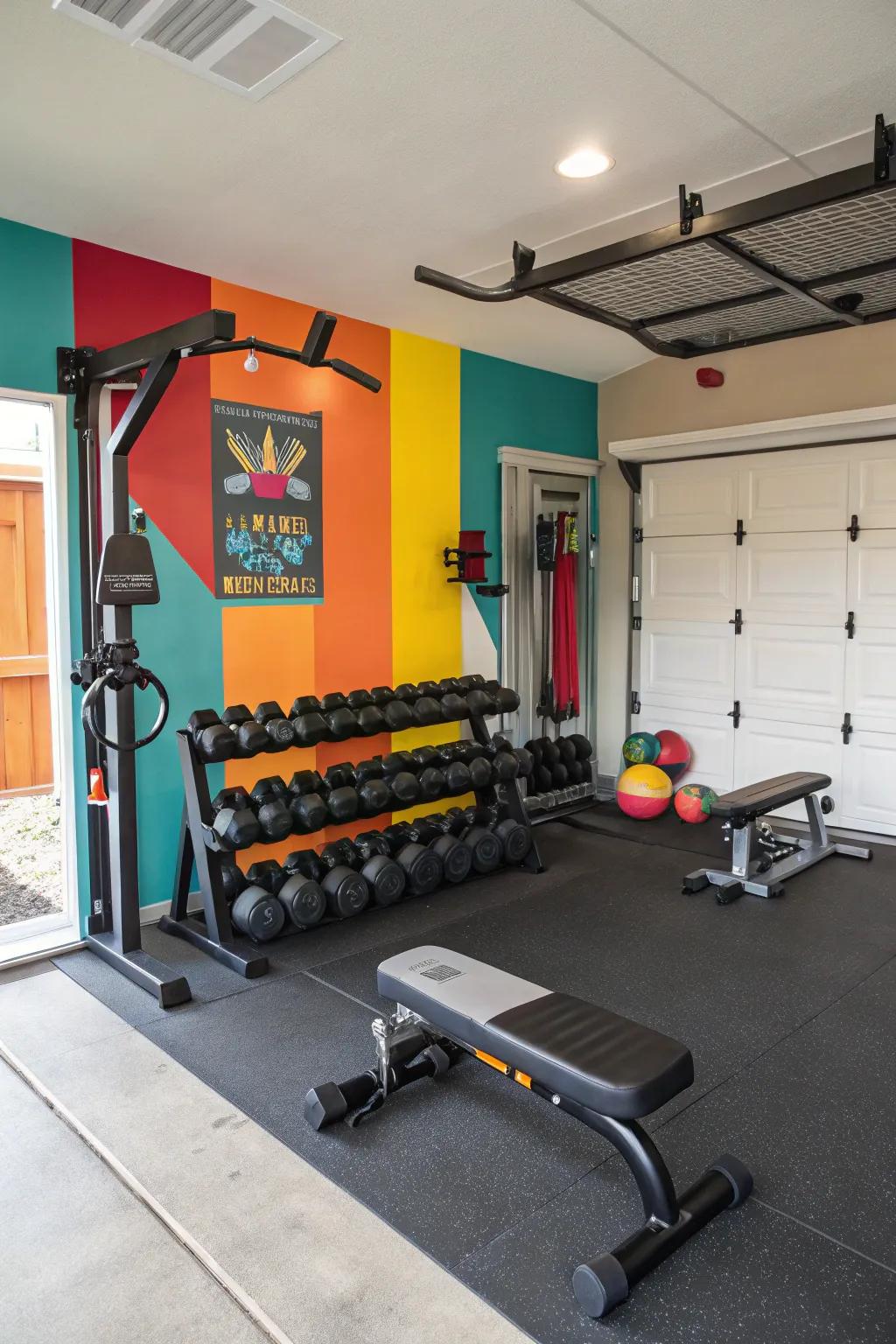 A vibrant accent wall can energize and personalize your gym.