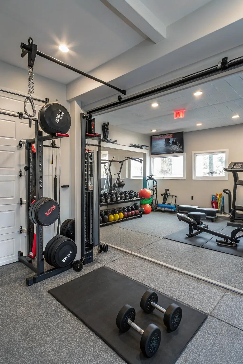Mirrors expand the space and help monitor workout form.