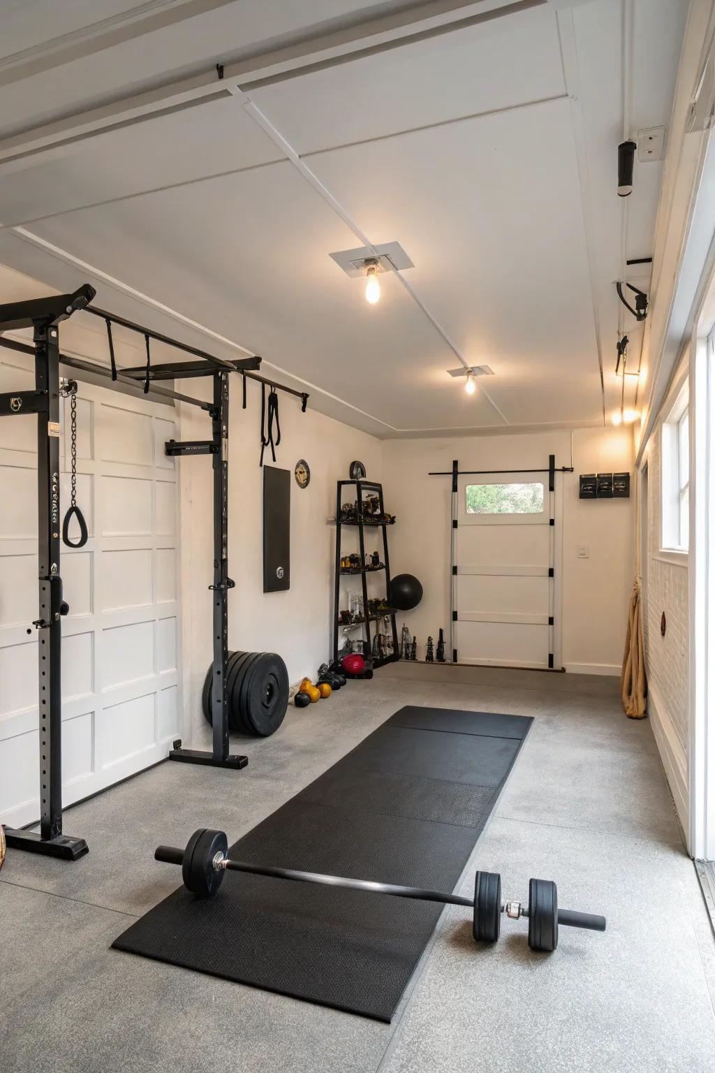 White walls provide a clean, expansive feel for focused workouts.