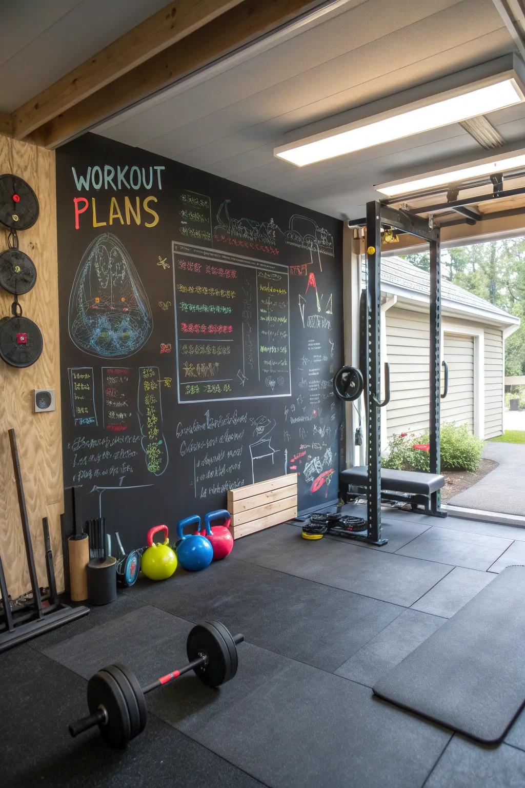 Chalkboard walls offer space for workout plans and motivation.