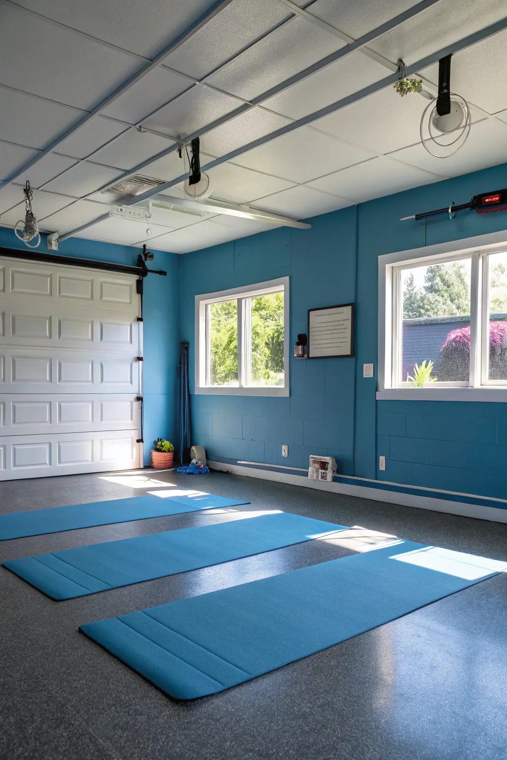 Blue walls create a tranquil space for yoga and relaxation.