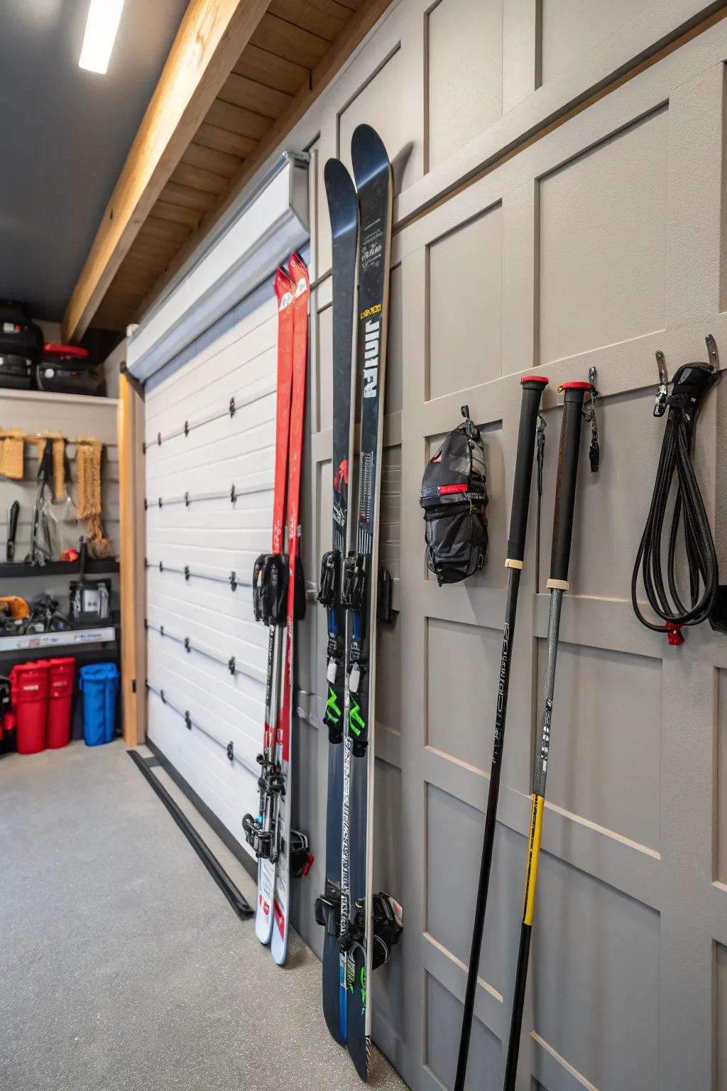Garage wall panels offer a customizable and organized ski storage solution.