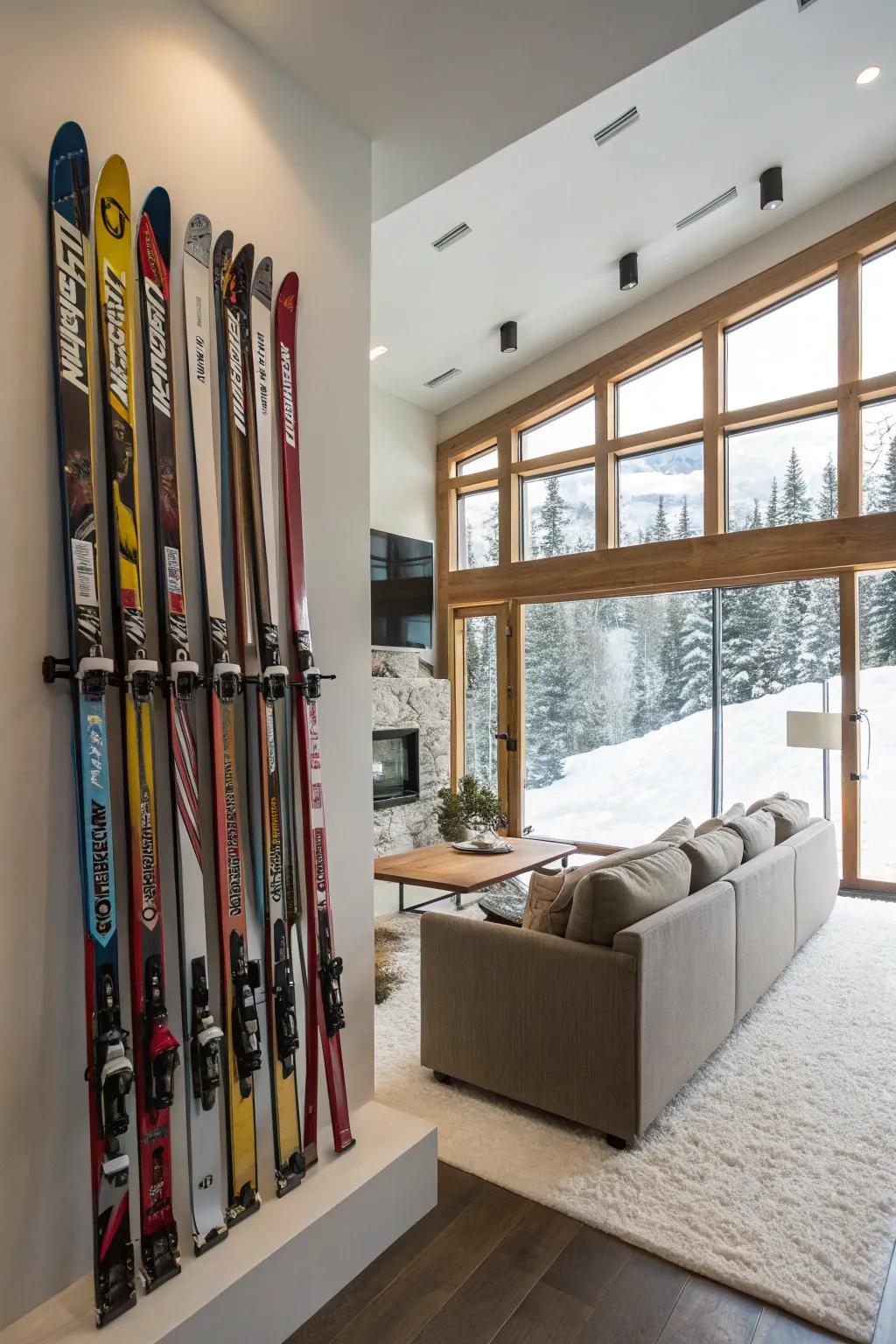 Wall-mounted racks keep skis organized and add a sporty touch to the room.
