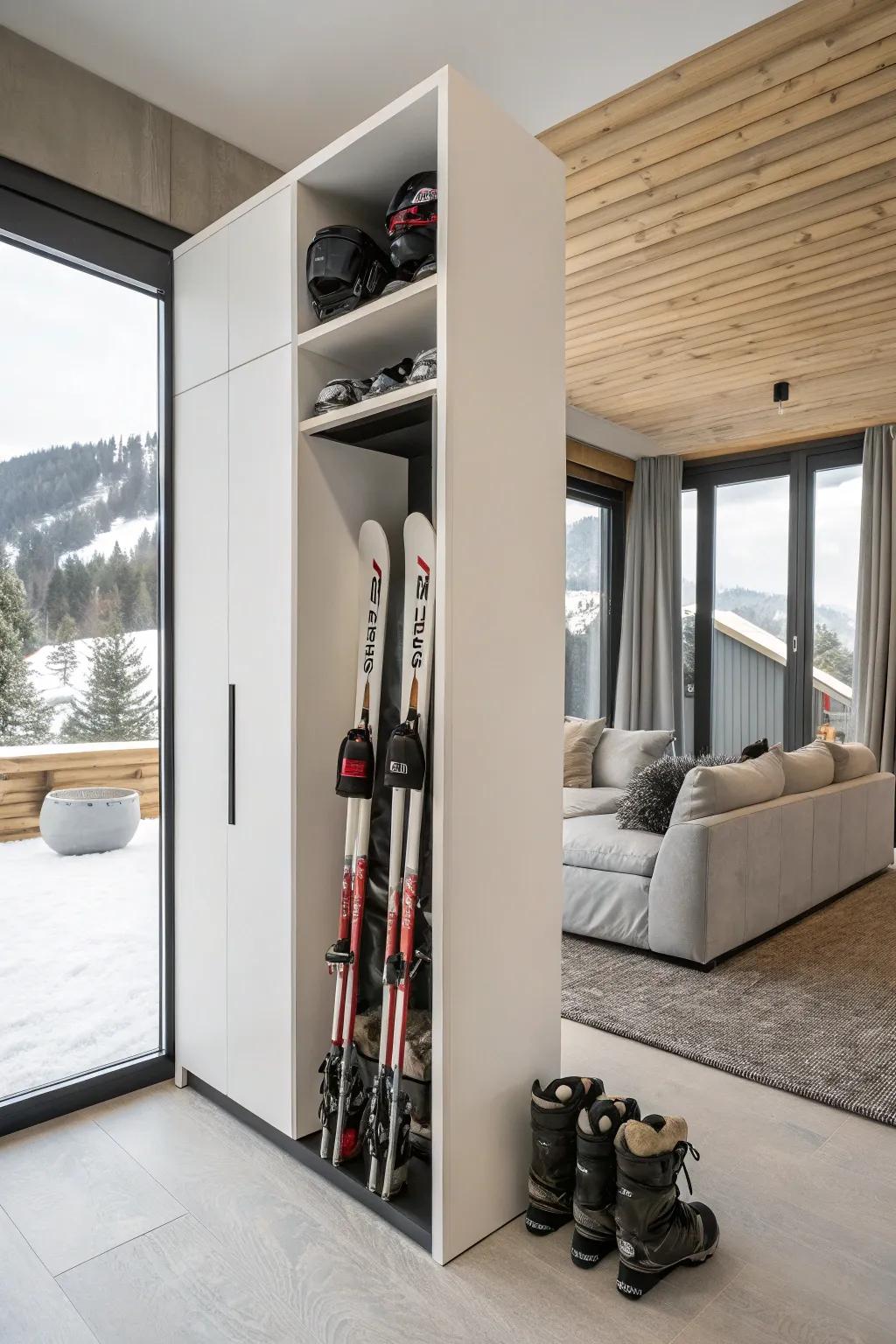 Minimalist ski storage adds elegance and functionality to any space.
